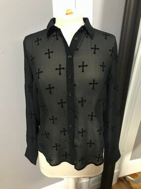 Forever 21 Corporate Goth Black Sheer Cross Print Blouse Top SMALL